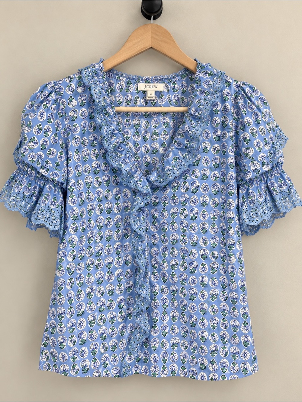 J. Crew Light Blue Floral Ruffle V-Neck Blouse - Picture 2 of 2